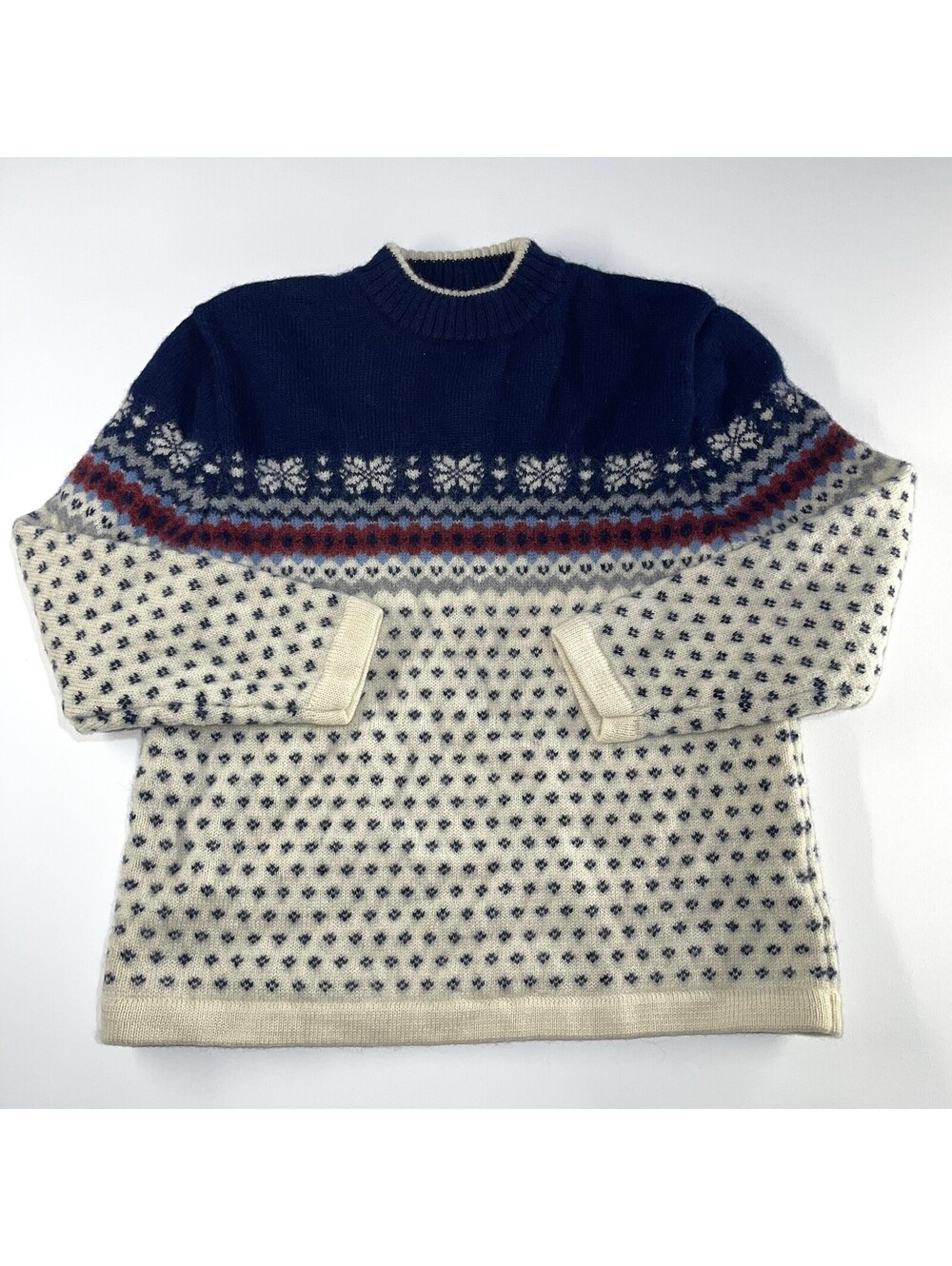 Vintage 90s Lands End Fair Isle Wool Sweater Womens Medium Snowflake Ski Navy